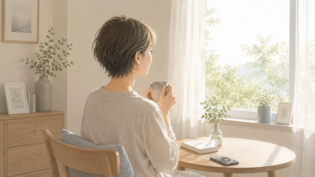 朝の窓辺でマグカップを手に穏やかに外を眺めるショートカットの女性