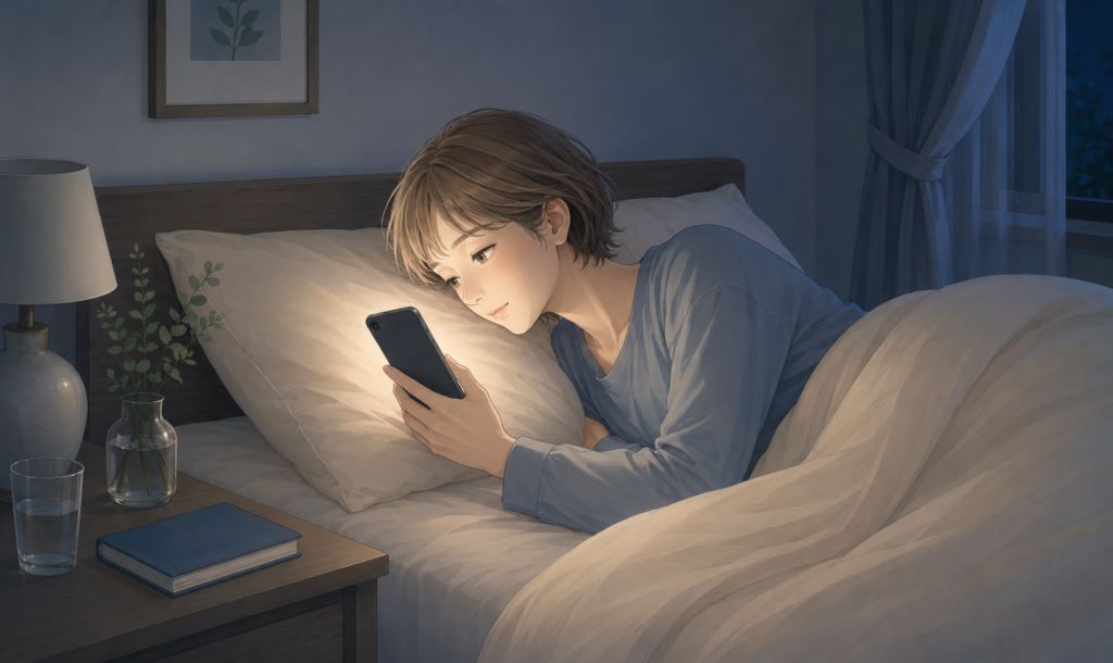 深夜のベッドでスマートフォンを見ながら眠れずに過ごすショートカットの女性
