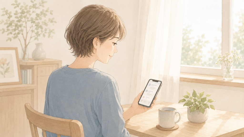 昼間の窓辺でスマートフォンの投稿を読み表情がやわらぐ女性