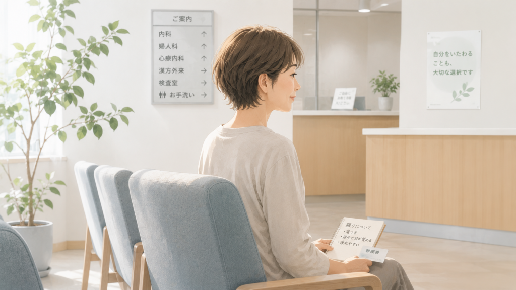 睡眠や体調のメモを持ち医療機関の待合室で診察を待つ女性