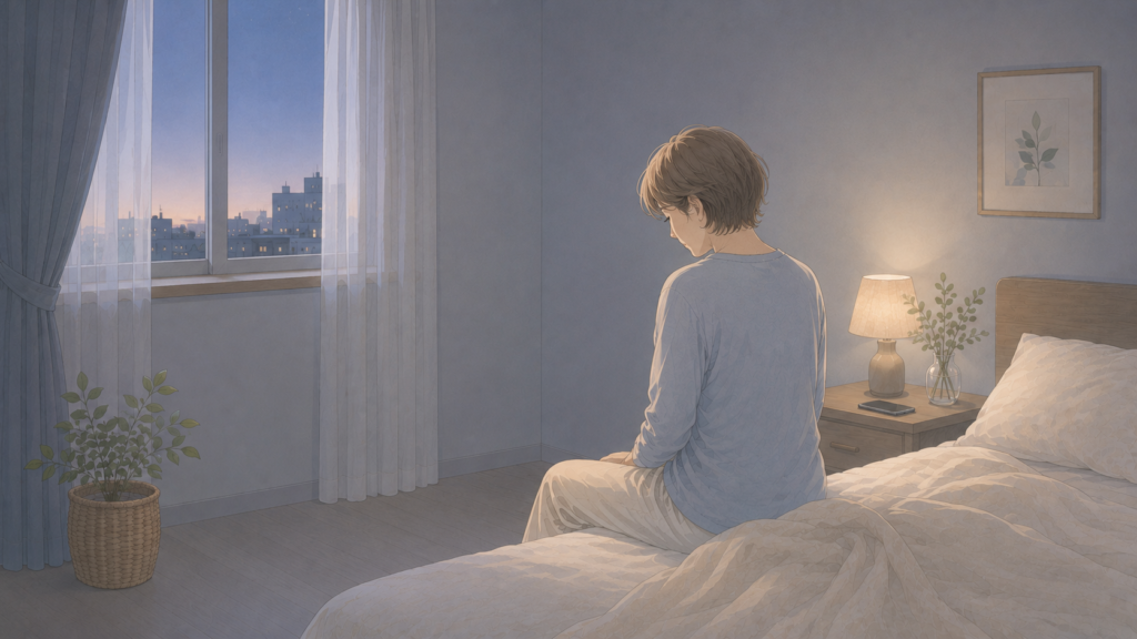 眠れない夜にベッドの端へ座り静かに考え込むショートカットの女性