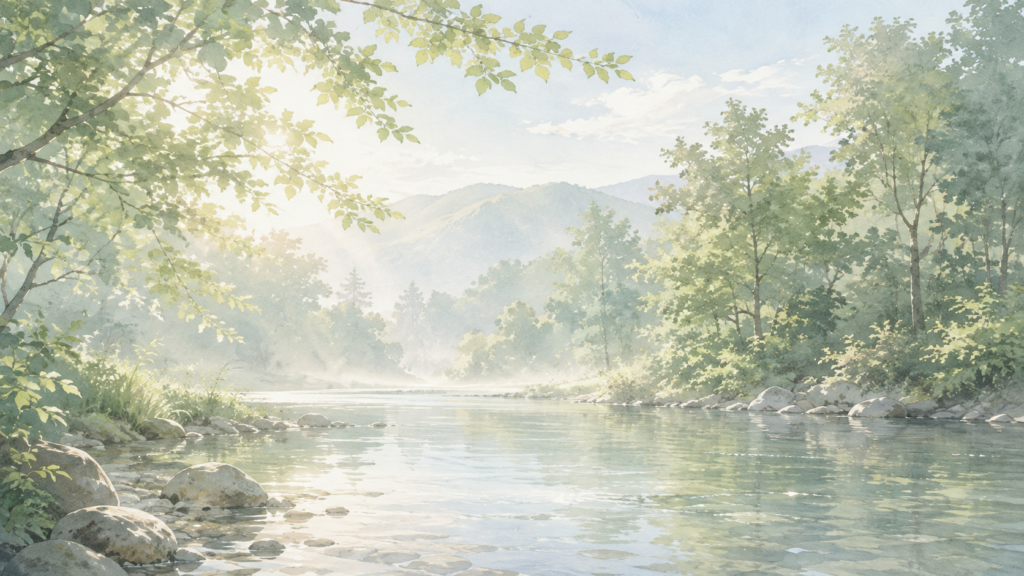 朝のやわらかな光に包まれた静かな川と森の風景