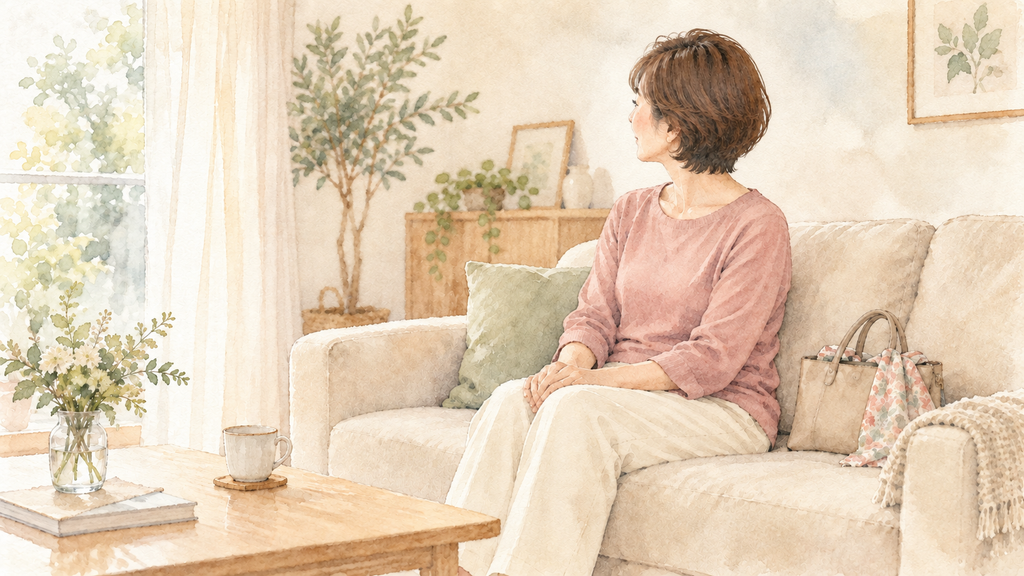 ピンクの服を着た女性が、ソファに座って静かに窓の外を眺める水彩イラスト