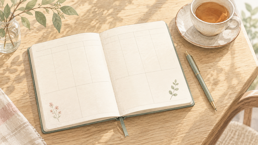 木のテーブルに広げた手帳と、セージ色のペン、お茶のイラスト