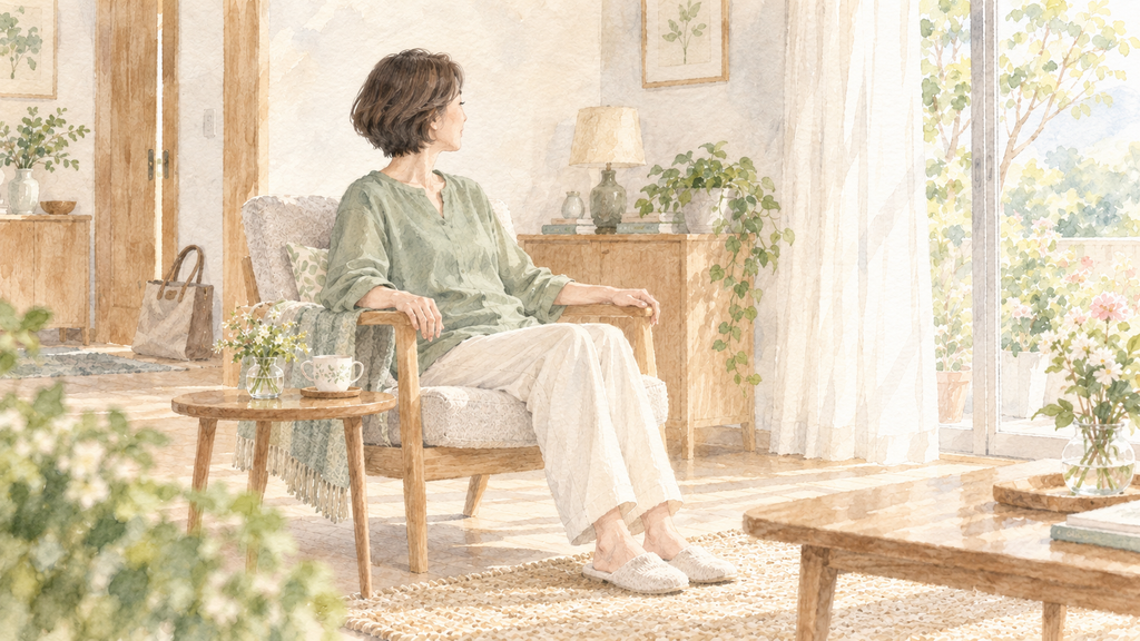 ゆったりした服の女性が、窓辺の椅子でくつろぐ水彩イラスト