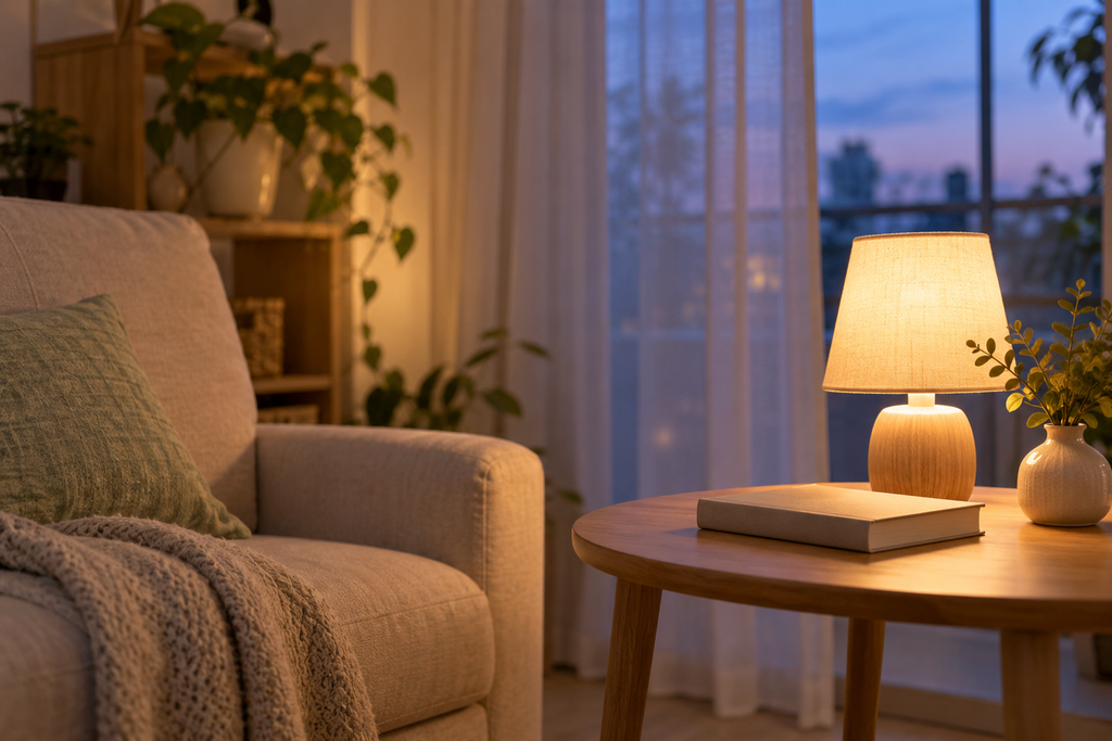 夕暮れの部屋で明かりがともるランプと本